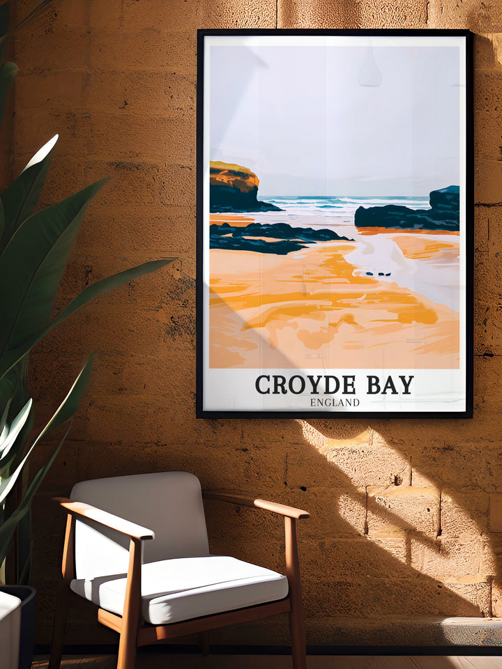 This travel poster features Croyde Bays golden beach alongside the rugged cliffs of Downend Point. Perfect for anyone who has visited North Devon or dreams of exploring its landscapes, this poster brings the UKs natural beauty into your home.