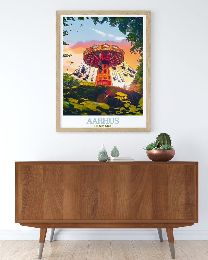 Explore the vibrant beauty of Tivoli Friheden with this Aarhus photo print. Ideal for those who love Denmark travel prints and Aarhus artwork. This piece adds a touch of Danish amusement park magic to any room in your home.