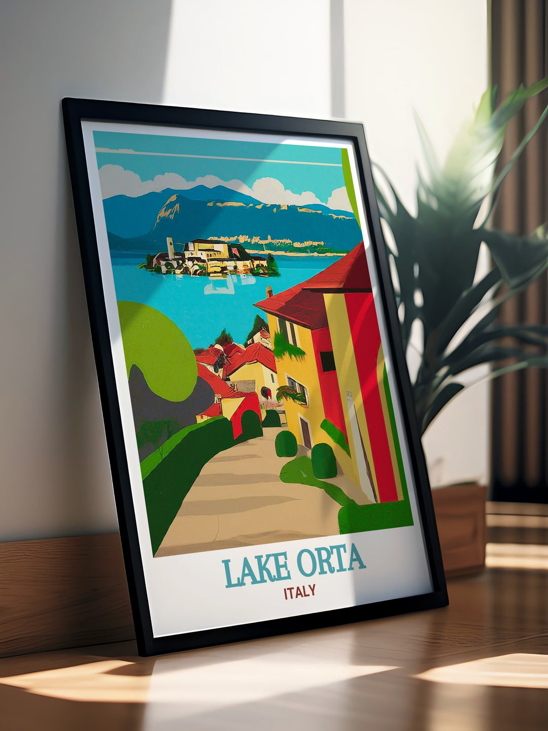 Featuring the tranquil beauty of Lake Orta and the historic village of Orta San Giulio, this poster print brings a touch of Italy into your home. The soft hues and detailed design make this travel poster ideal for anyone who appreciates Italian landscapes.