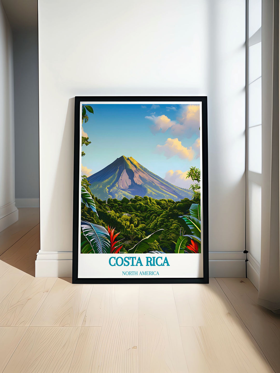 Vibrant art print of Costa Rica, highlighting the blend of volcanic landscapes and coastal beauty with Arenal Volcano and Saint Teresa in the background. Ideal for adding a touch of Costa Ricas charm to your decor.