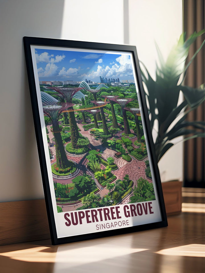 Supertree Grove travel poster with an aerial view of Singapore showcasing iconic structures and lush landscapes. Perfect for wall art or home decor this print brings a touch of sophistication to any living room or office.