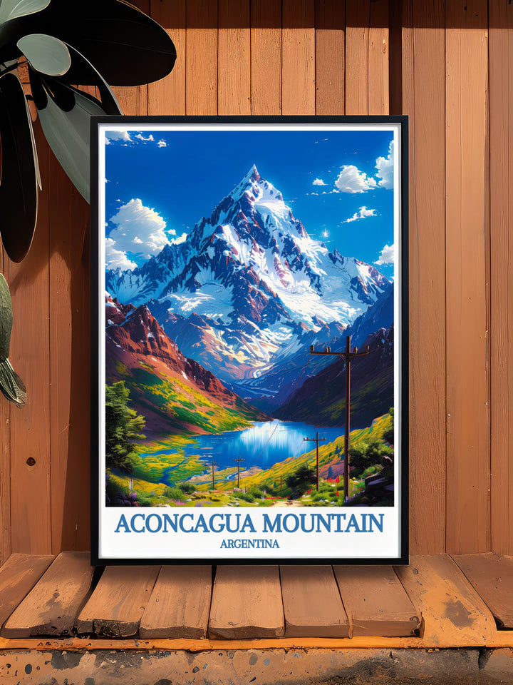 This Aconcagua Mountain poster celebrates the beauty of the tallest peaks in the Andes with a vintage design ideal for collectors of Seven Summits Art.