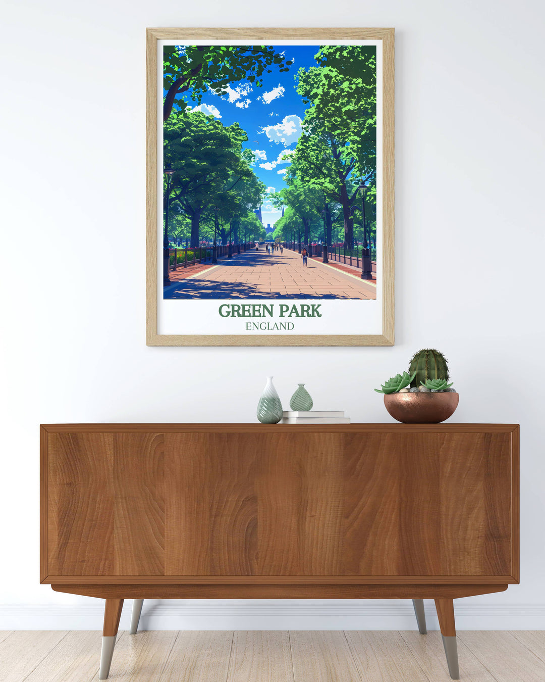 Vibrant artwork of Green Park London featuring the Princess of Wales Memorial Walk, a perfect addition to any collection of Royal Parks London prints and decor.