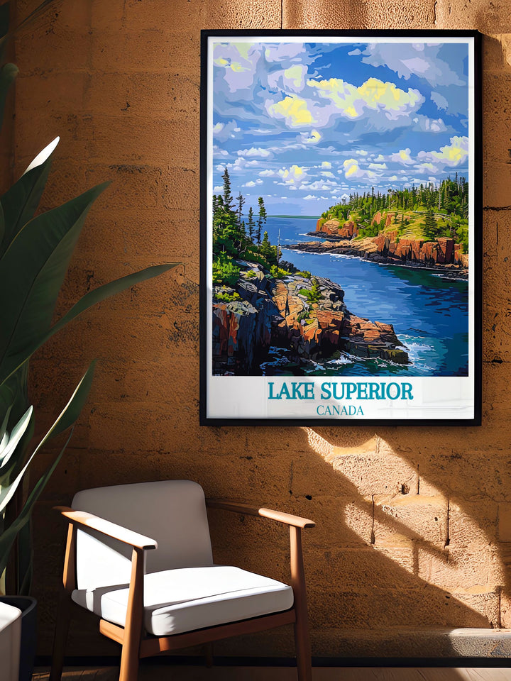 Historical travel poster of Lake Superior, commemorating its role in the regions history and its stunning natural landscapes.