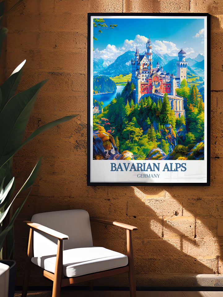 High quality print of Neuschwanstein Castle and Alpsee Lake in the Bavarian Alps, capturing the stunning landscapes and historic charm of this iconic region. Ideal for art lovers who appreciate both nature and history.