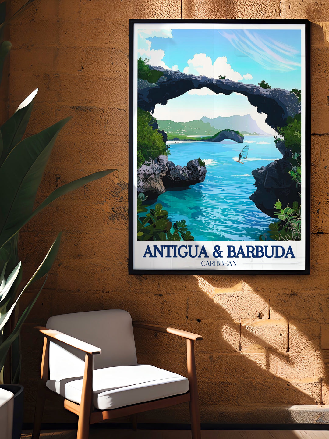 Devils Bridge Wall Art depicting the powerful natural landmark on Antiguas rugged coast. The artwork emphasizes the dramatic interaction between land and sea, offering a captivating view of this unique Caribbean feature for your home decor