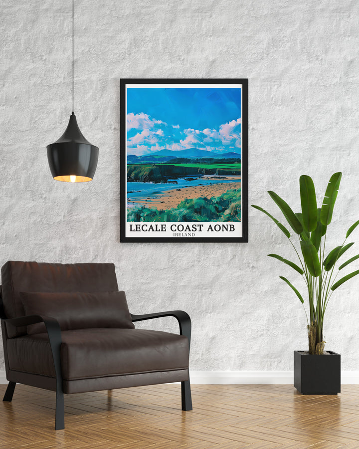 Lecale Coast AONB travel posters. Capturing the scenic beauty of Lecale Coast AONB, Dundrum Bay, and the Mourne mountains, these travel posters bring the essence of Northern Ireland into your home. Perfect for nature enthusiasts and art lovers.