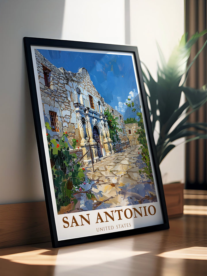 This San Antonio travel print highlights the iconic Alamo, capturing the spirit of the citys rich history. A perfect piece for those who love Texas or American history, this artwork brings a part of San Antonios heritage into your home decor.