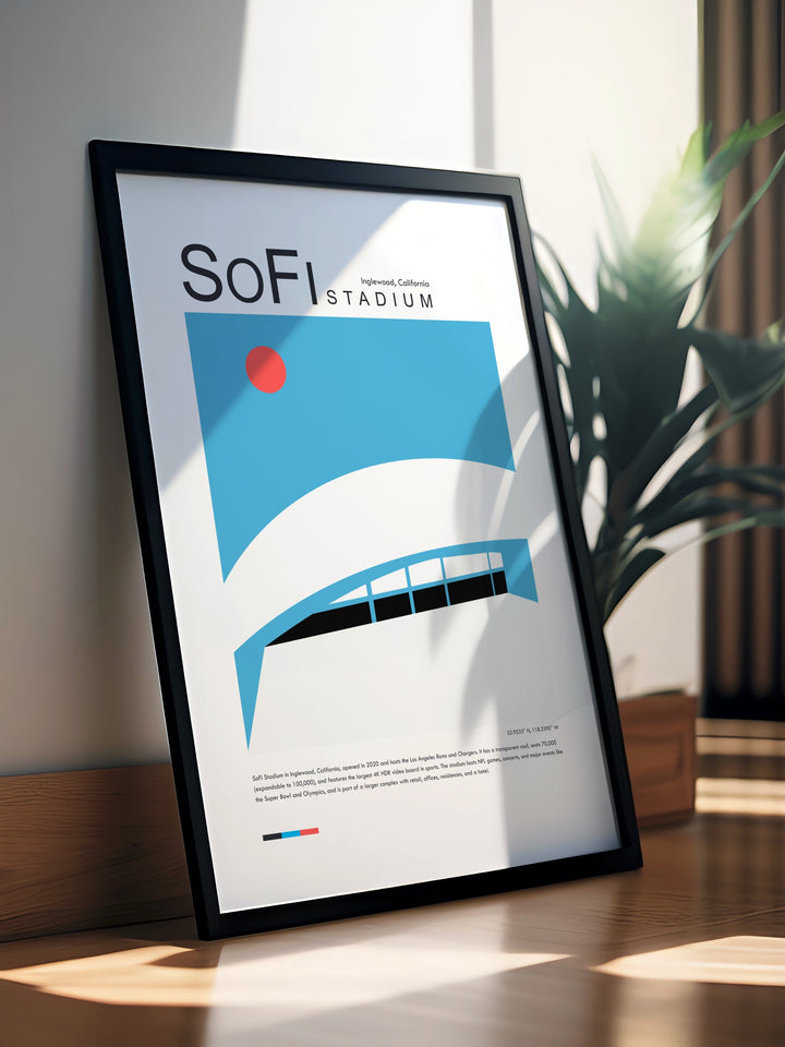 This modern sports art poster of SoFi Stadium Los Angeles showcases the architectural brilliance and energy of the LA Rams home stadium perfect for adding a stylish touch to any decor