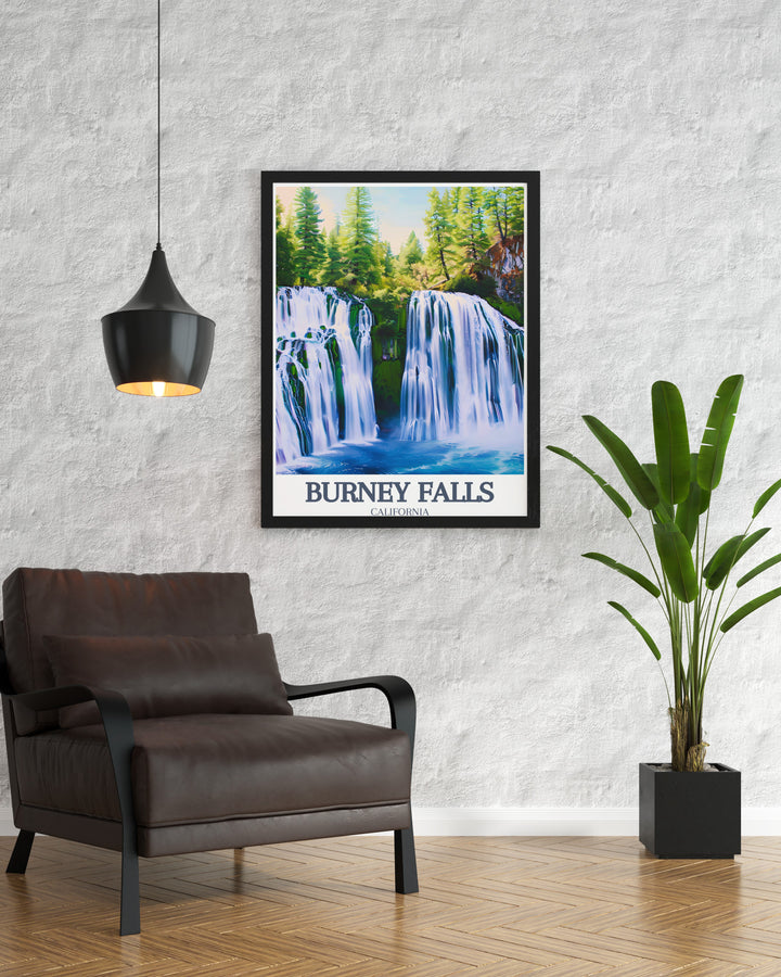 Add the beauty of Burney Falls into your home with this art print featuring McArthur Burney Falls Memorial State Park California a perfect California gift for travelers who admire the peaceful and serene landscapes of the state and want elegant home decor.