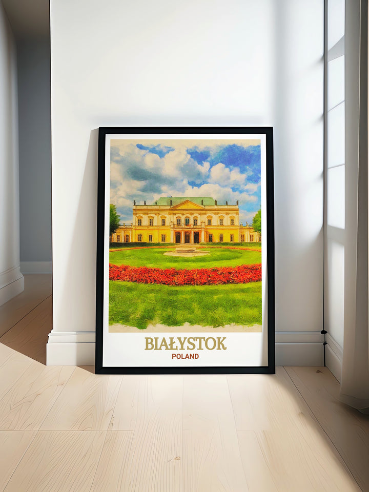 The Białystok Poster Print showcases the architectural beauty of Branicki Palace in Poland. This travel print captures the historic grandeur of one of Polands most significant landmarks, making it a perfect wall art addition for those who love European history and culture.