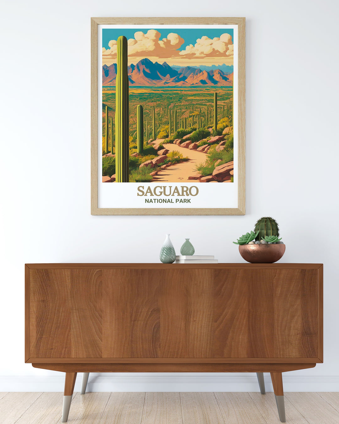 Bring the spirit of the Southwest into your home with this Saguaro National Park travel poster, showcasing the majestic saguaro cacti and the stunning desert landscapes that make Arizona a must visit destination.