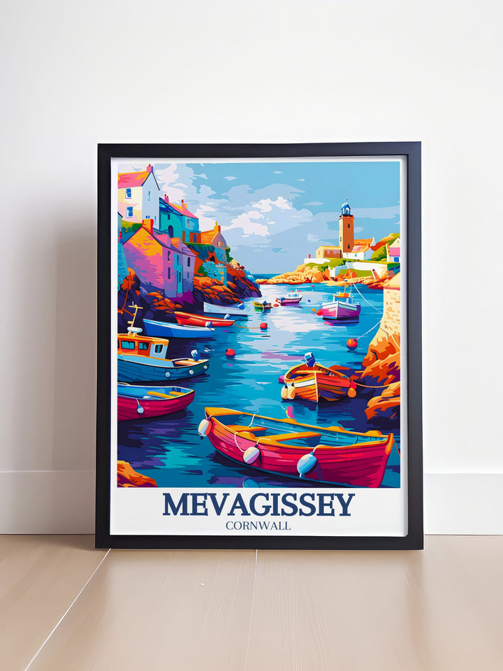 Highlighting the iconic Mevagissey Clock Tower, this poster captures its distinctive architecture and historical significance. Built in the early 20th century, the Clock Tower is a beloved landmark in the village. Ideal for history enthusiasts, this artwork brings the essence of Mevagissey into your home.