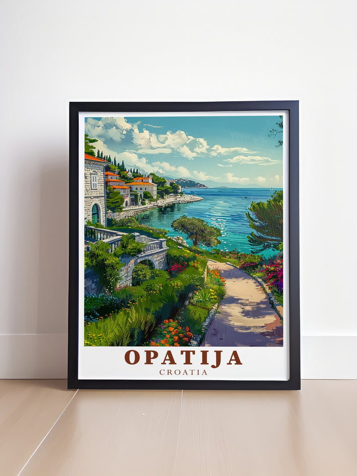 Opatija Seaside Parks modern prints offer a blend of vibrant colors and intricate details perfect for creating a relaxing atmosphere in your living room bedroom or office space ideal for those who love Croatia travel art