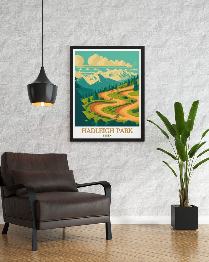 Cycling art prints featuring Hadleigh Park and the Olympic Mountain Bike Course in Essex. Perfect for home decor and gifts. The detailed illustrations and vibrant colors make this artwork a stunning addition to any space.