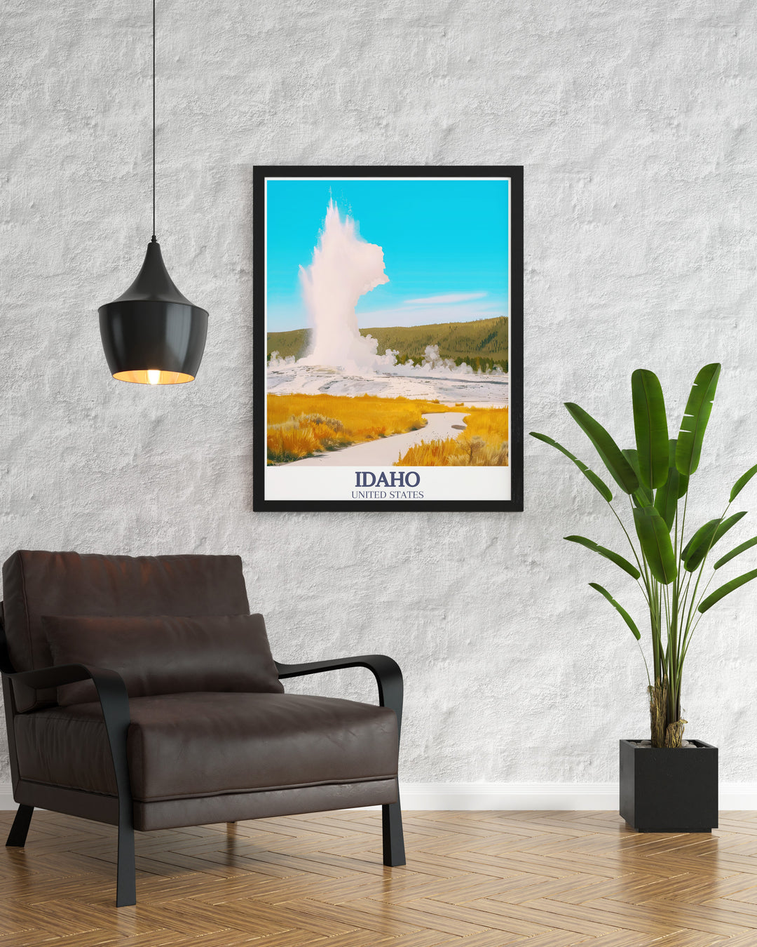 A captivating Idaho poster featuring Old Faithful Geyser. This travel print captures the power and beauty of this Yellowstone landmark, perfect for anyone looking to bring a piece of Idahos natural wonders into their home.