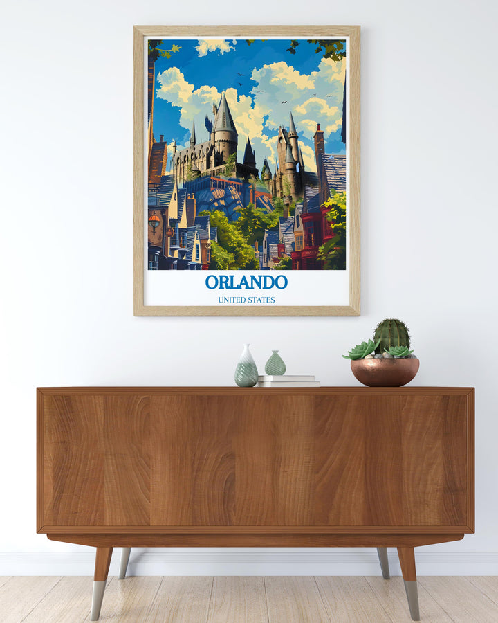 Elegant San Diego art print highlighting the citys sun kissed beaches and vibrant urban life paired with Wizarding World of Harry Potter Castle modern decor that brings a touch of fantasy to your home ideal for creating a unique and captivating atmosphere