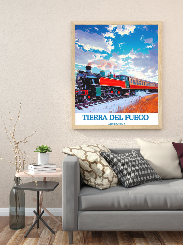Immerse yourself in the lush forests and tranquil waterways of Tierra del Fuego with this exquisite travel poster.