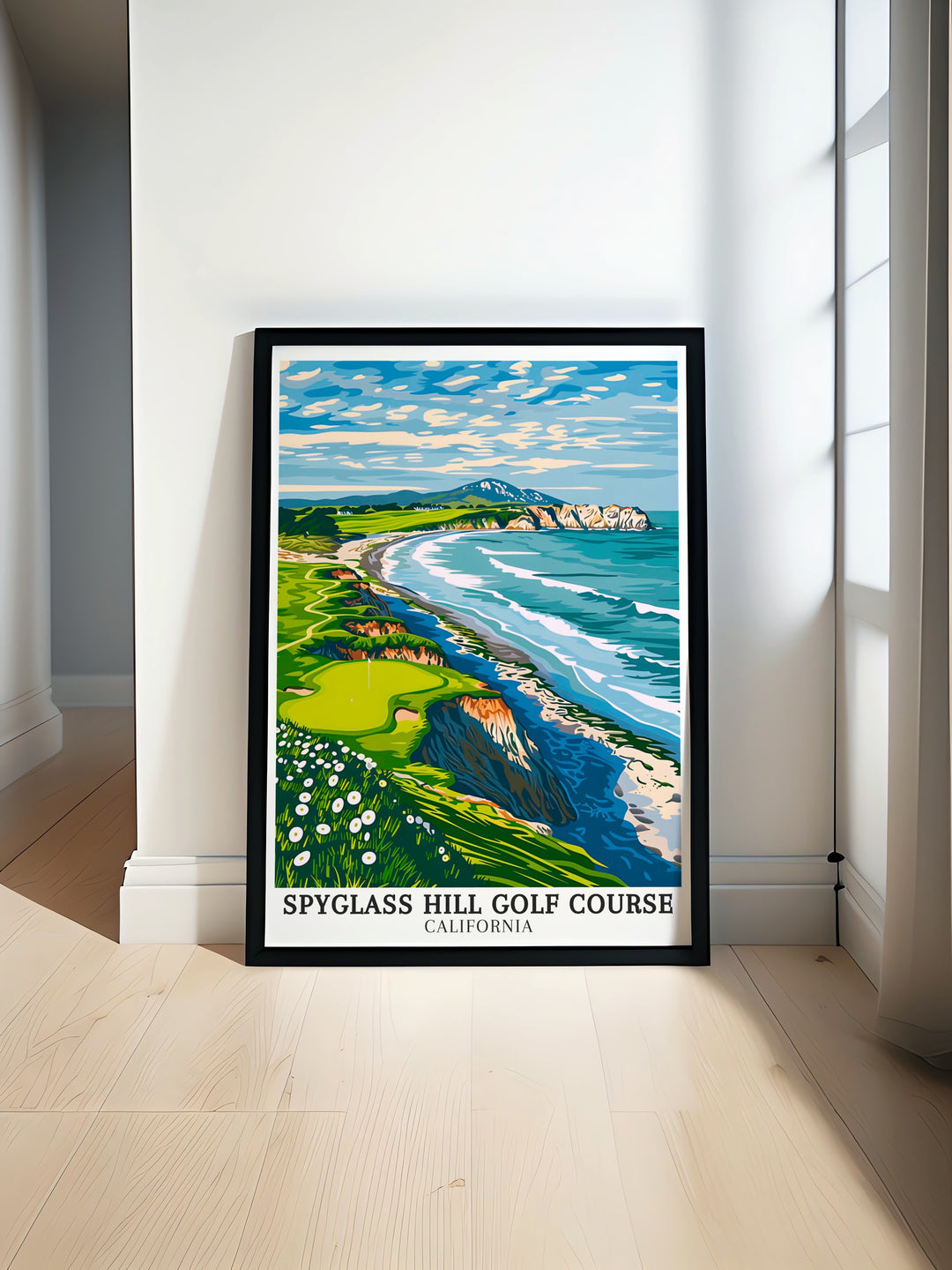 Spyglass Hill Golf Course and The Black Spot art deco travel posters showcasing vibrant landscapes and challenging holes within Del Monte Forest, California. These framed travel posters are ideal for adding a touch of elegance to your wall decor. Experience the charm of Spyglass Hill through our beautifully crafted art deco travel posters.