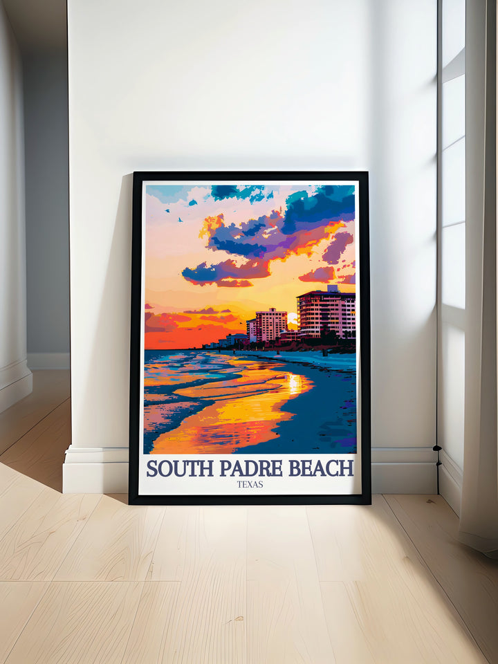 A beautifully illustrated art print of South Padre Island, featuring its iconic beaches along the Gulf of Mexico. Perfect for beach lovers, this wall art brings a coastal vibe into any space, serving as a reminder of the tranquil beauty of this Texas gem.