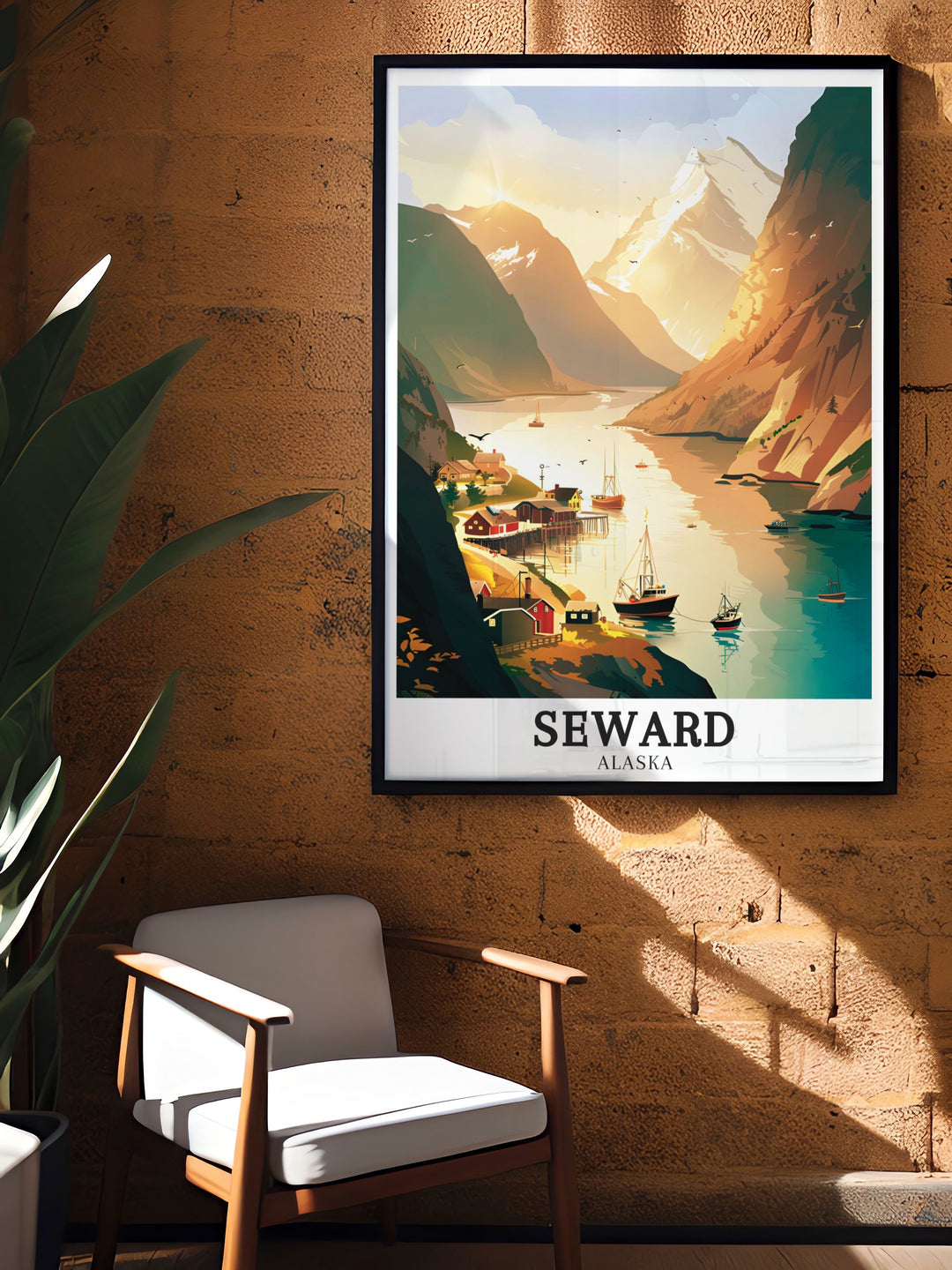 Beautiful Alaska travel art depicting the iconic Mount Marathon and the stunning Resurrection Bay. The print captures the spirit of Alaskas wilderness and the tranquil beauty of Seward, making it a timeless addition to any decor