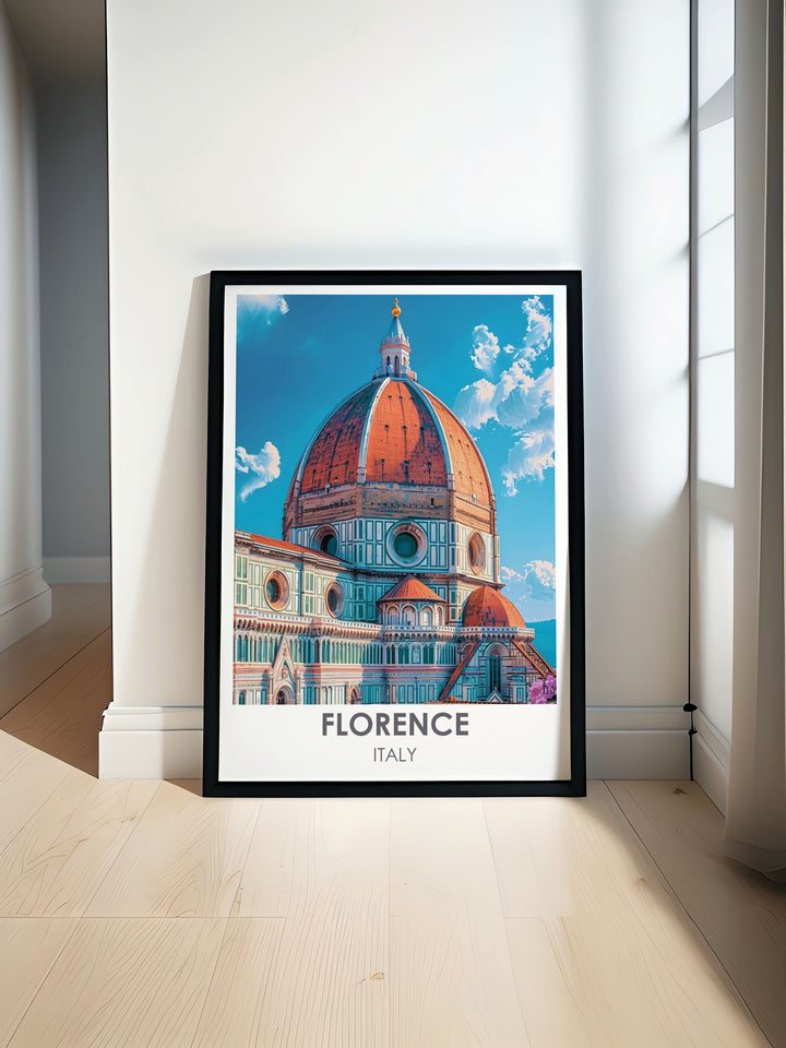 Travel art highlighting Florence Cathedral, showcasing its majestic architecture and rich history.