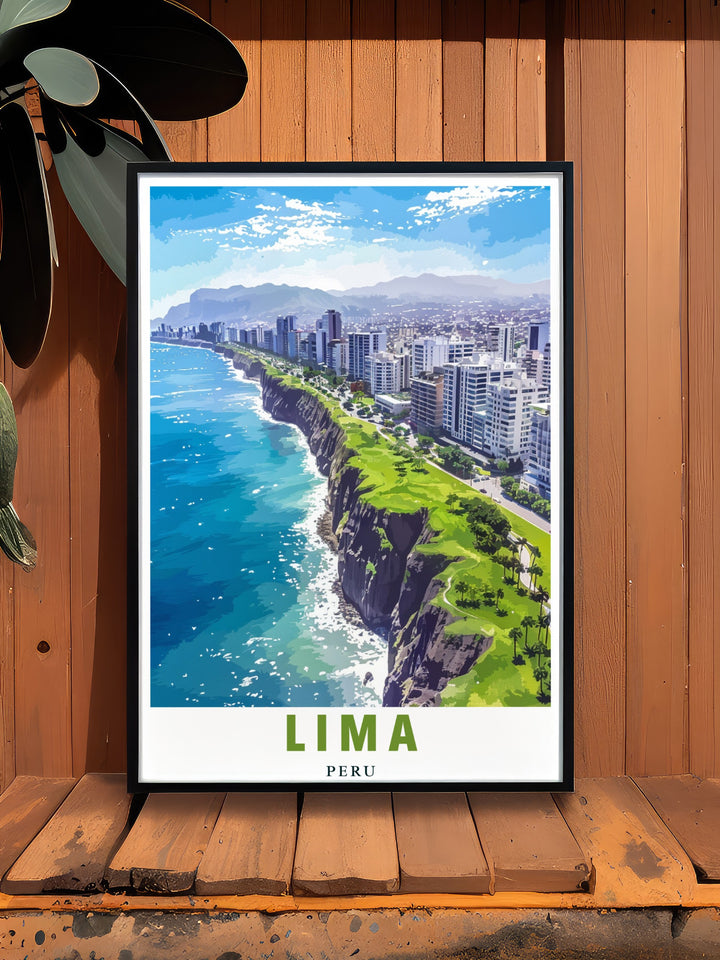 The Miraflores Cliffs in Lima are celebrated for their breathtaking views, now available in this stunning art print. Perfect for home décor or as a travel gift, this poster brings a vibrant depiction of Perus famous cliffs into your living space.