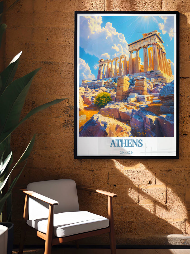 Acropolis during sunset, the golden hues illuminating its ancient marbles, preserved in a magnificent travel print.