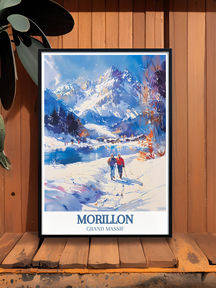 Vintage ski print of Morillon village Le Lac Bleu capturing the picturesque scenery of the ski resort perfect for adding a touch of retro charm to any living space with its timeless appeal