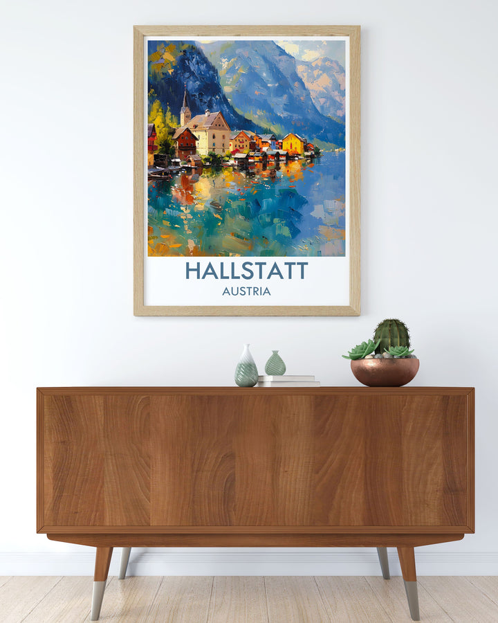 An intricate depiction of Hallstatt, this art print showcases the villages historic charm and the stunning backdrop of the Dachstein Alps, perfect for bringing a touch of Austria into your living space.
