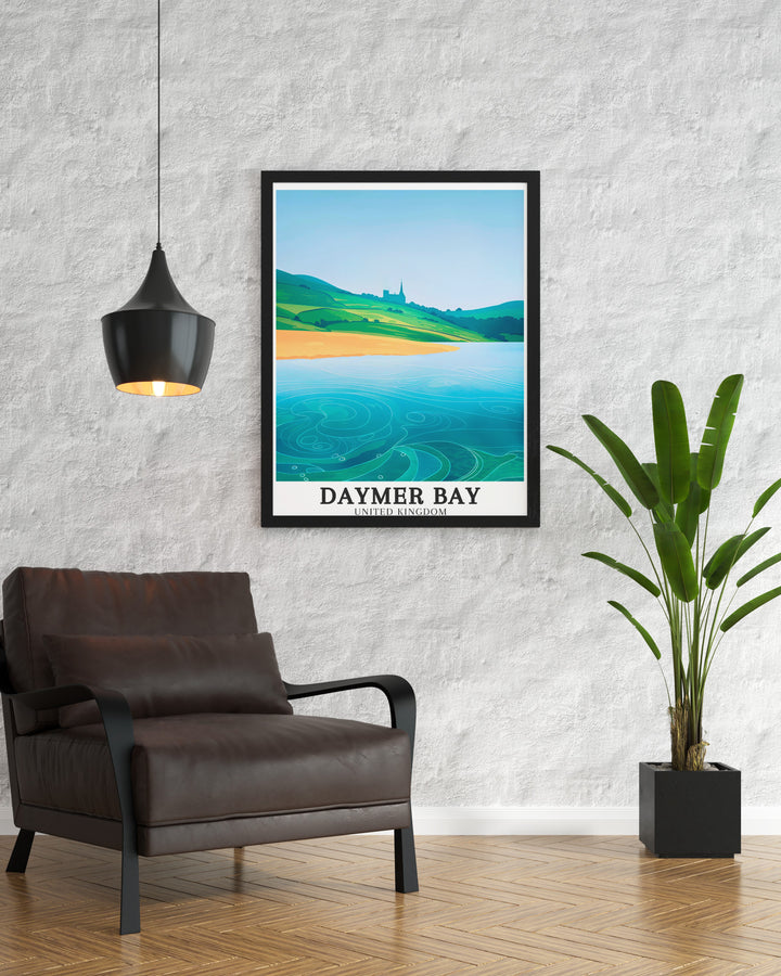 This travel print showcases the peaceful setting of St. Enodoc Church, framed by the rolling dunes of Daymer Bay. The artwork captures the unique beauty of this Cornwall landmark, perfect for adding a historical touch to your decor.