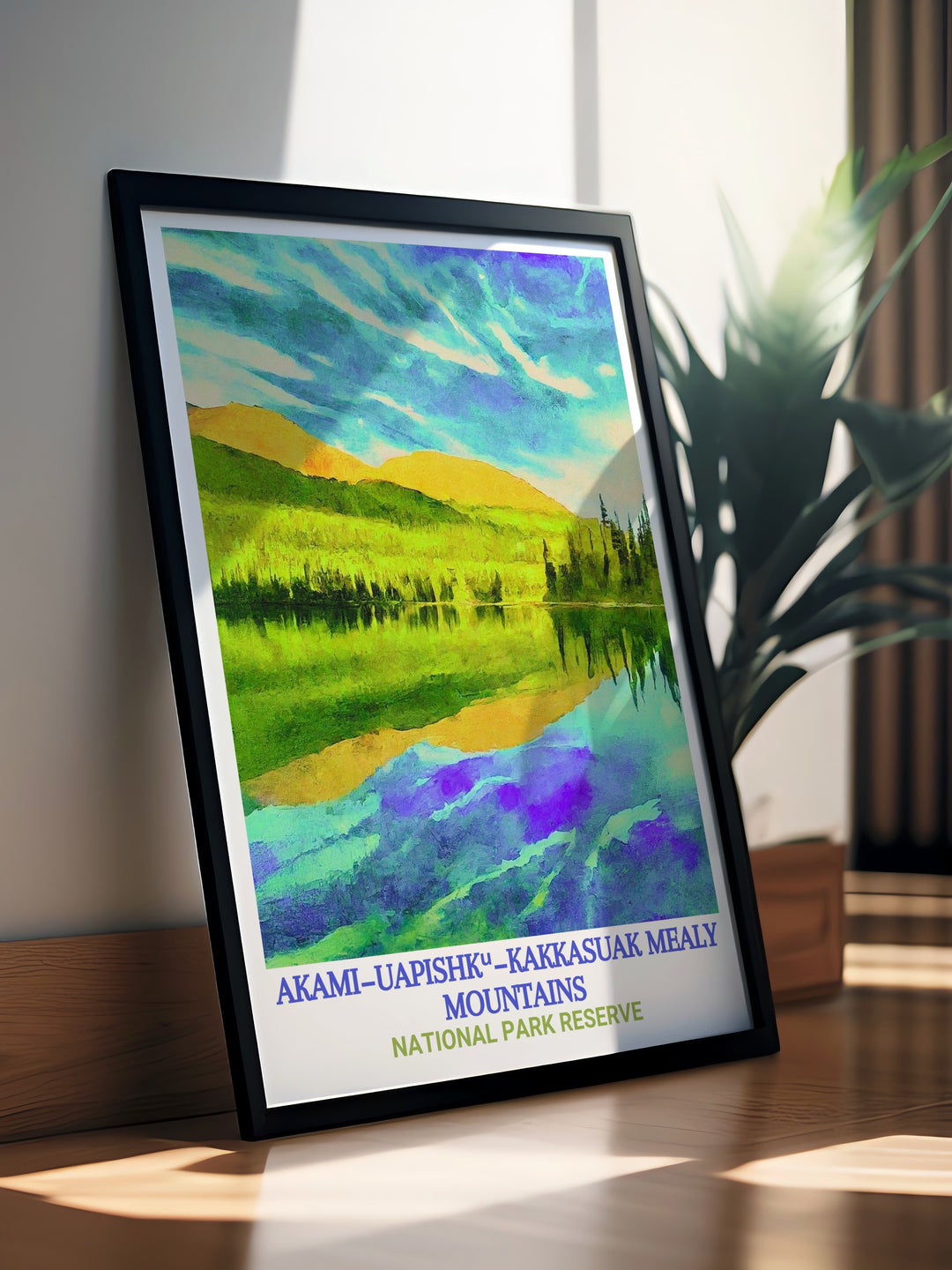 Capture the essence of Newfoundlands untouched beauty with this detailed print of the Mealy Mountains. The artwork showcases Atikonak Lake and the surrounding wilderness, bringing the peace of nature into your living space.