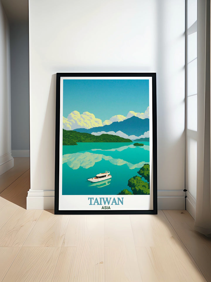 Sun Moon Lake modern prints showcasing the serene waters and lush surroundings perfect for elegant home decor and adding a touch of sophistication to your living room with beautiful Taiwan art.