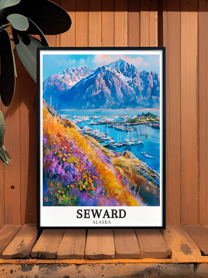 Detailed Seward print highlighting the towering Kenai Mountains and the scenic Seward Harbor. The artwork brings together the best of Alaskas natural beauty and coastal life, making it a timeless addition to any art collection