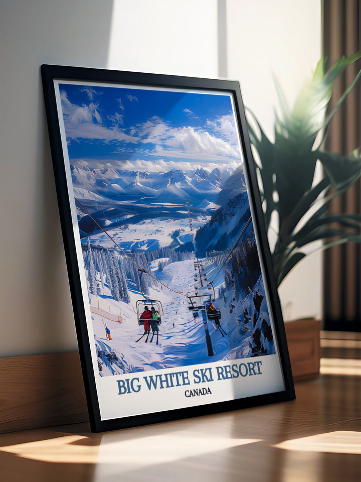 Framed art print of The Cliff Chair at Big White Ski Resort, offering a breathtaking view of the iconic chairlift and the majestic snow covered peaks, a perfect addition to any winter sports lovers decor.
