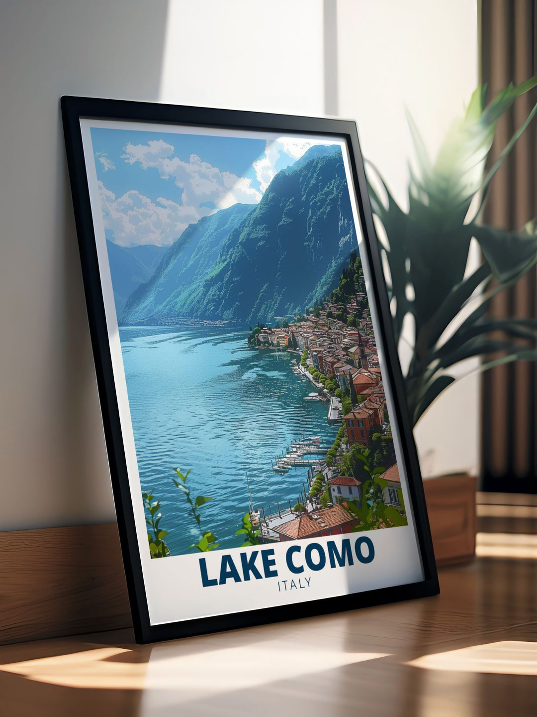 Elegant Lake Como Wall Art capturing the tranquil Lake Como waterfront with Menaggio great for Italy lovers and unique traveler gifts