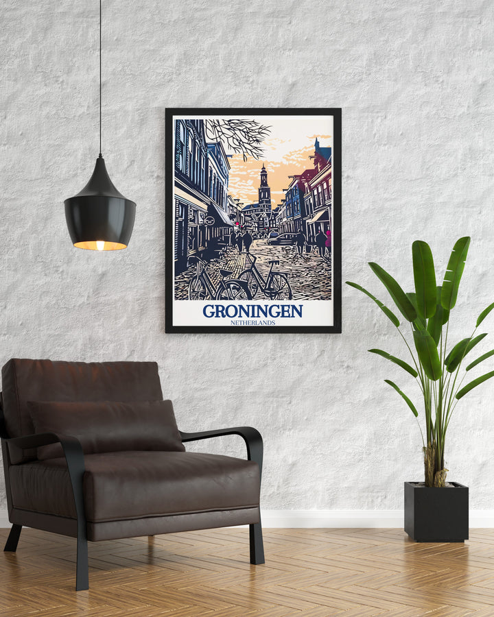 Experience the beauty of Groningen with this travel poster capturing the essence of the citys iconic Martini Tower and historic skyline. The detailed depiction of Groningens landmarks makes this artwork a standout piece, perfect for adding a touch of European charm to your decor.