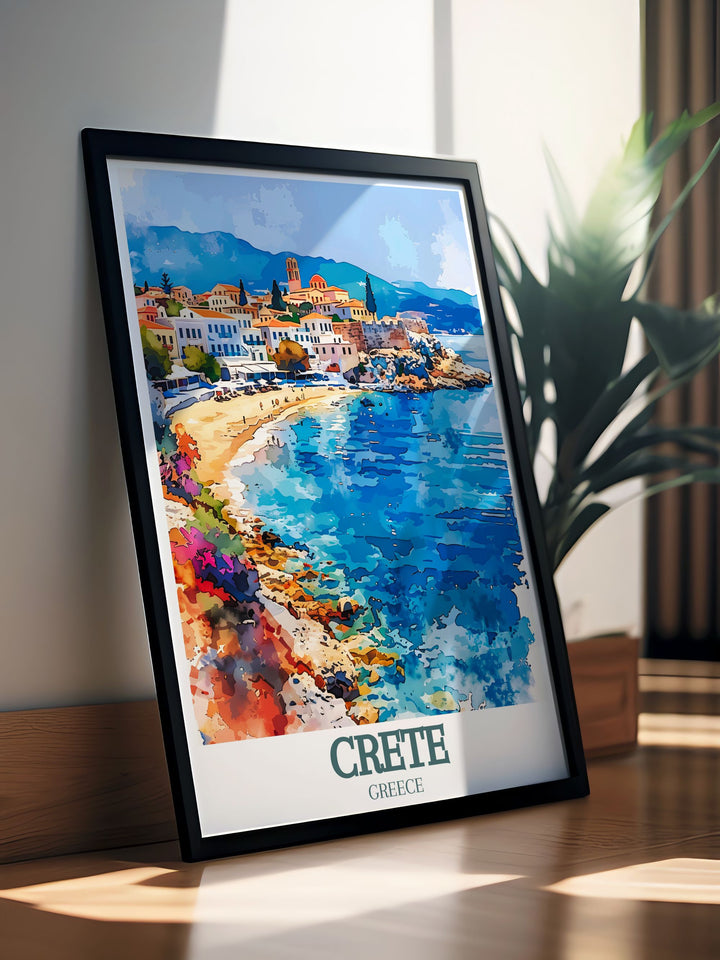 Highlighting the unique landscape of Elafonissi Beach, this art print features the striking contrast of pink sand and azure waters. Ideal for enhancing your living space, this travel poster captures the essence of Cretes natural beauty and is a perfect addition for beach lovers.