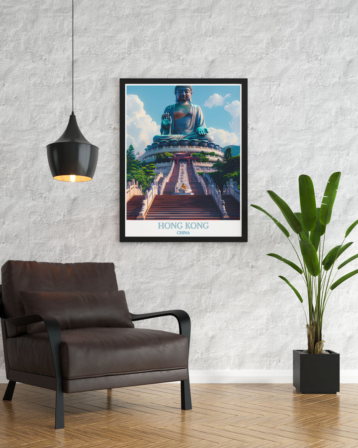 The majestic Tian Tan Buddha, set against the lush landscape of Lantau Island, is highlighted in this travel poster. Ideal for those who appreciate spirituality and grand monuments, this artwork brings a touch of tranquility to your home.