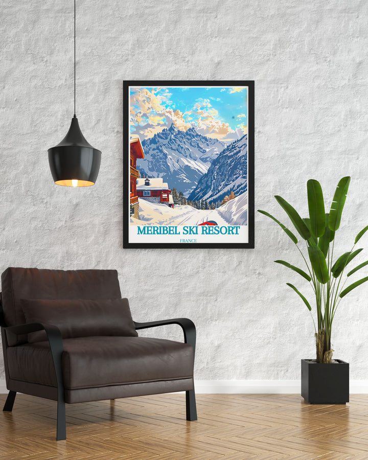 Charming Saulire artwork with a modern skiing poster design. This print features the breathtaking landscapes of Meribel and Mont Vallon, perfect for enhancing any room with alpine style.