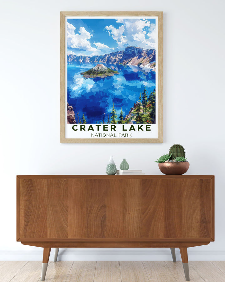 Beautiful Crater Lake decor showcasing the parks stunning natural beauty. These National Park prints are perfect for home decor offering a detailed and vibrant representation of Crater Lakes iconic landscapes.