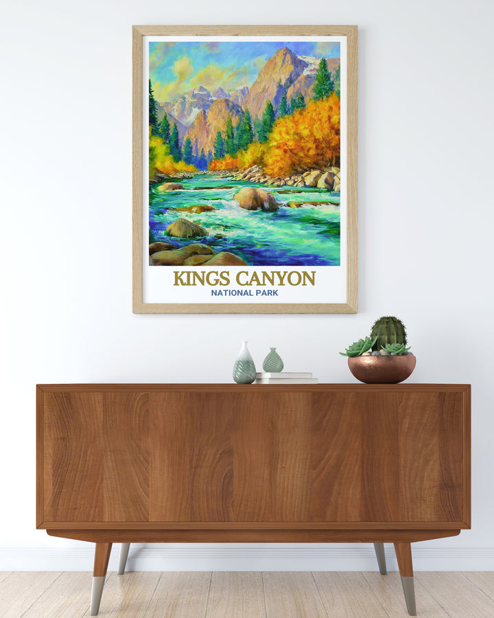 Kings River framed art showcasing the flowing waters of this iconic river in Kings Canyon National Park. This travel poster brings the peace and calm of the natural world into your space, making it a great choice for those who want to connect with nature through their decor.