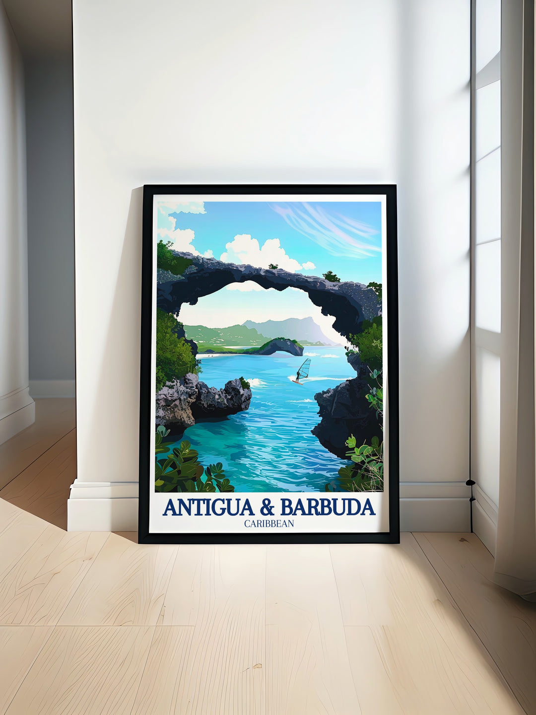 Devils Bridge Travel Poster showcasing the awe inspiring natural arch formed by centuries of ocean waves crashing against Antiguas coast. This detailed print is ideal for nature lovers and those who appreciate the power and beauty of the natural world