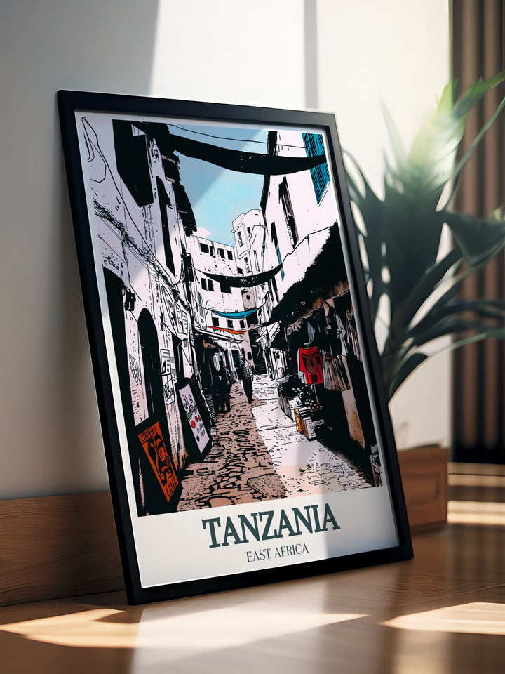 Serengeti Poster with giraffes in the wild paired with Unguja Stone Town prints celebrating the rich cultural heritage of Tanzania making it an ideal addition to any living room or office decor with an adventurous and historic touch.