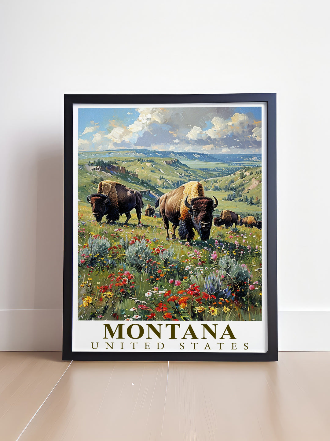 Montana Canvas Art brings the peaceful beauty of Yellowstone bison to life, showcasing the majestic animals in their natural Montana habitat. This travel print is perfect for anyone who appreciates wildlife and the beauty of nature.