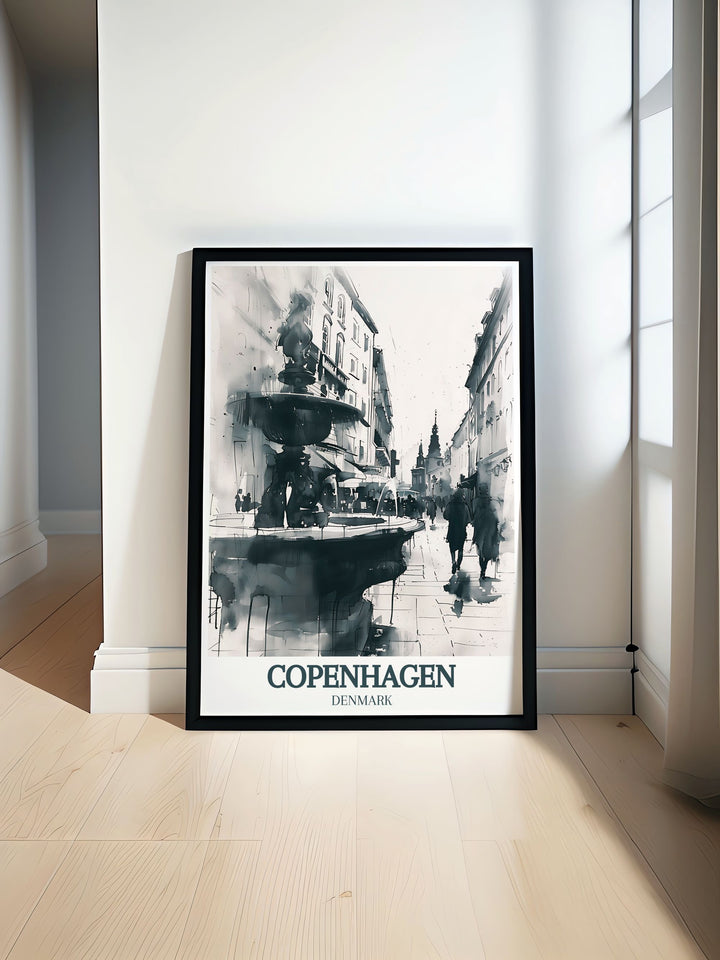 Discover the vibrant atmosphere of Copenhagen with this beautiful print featuring Stroget street, Stork Fountain. Perfect for enhancing your home decor with a touch of Denmarks urban charm. An excellent choice for travel enthusiasts and art lovers alike.