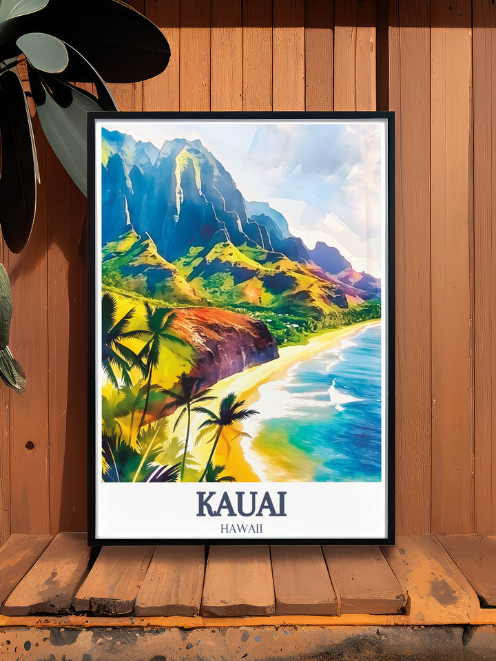 This Kauai poster brings the majestic views of Na Pali Coast and Poipu Beach into your home. Featuring vivid colors and stunning detail, it is the perfect Hawaii travel gift or wall decor for anyone who loves the natural beauty of Kauais coastline and beaches.