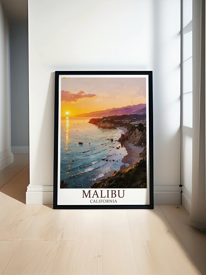 Malibu poster print showcasing the iconic California coastline alongside Zuma modern prints perfect for adding coastal charm to your living room this artwork blends modern decor with Malibu skyline and Zuma beach vibes ideal for beach lovers