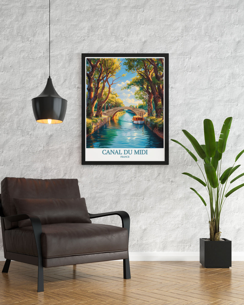 Stunning Canal du Midi poster featuring vibrant colors and historic architecture ideal for French travel enthusiasts