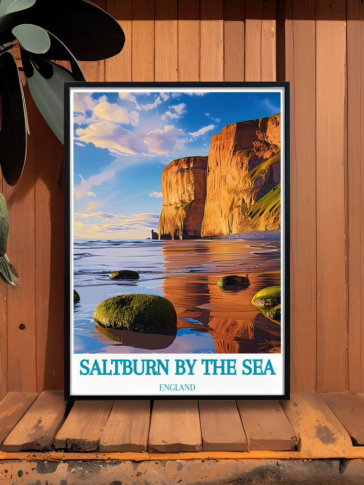 Saltburn Funicular and Saltburn Pier print with Huntcliff modern decor offering a captivating view of Saltburn by the Sea and Whitby Yorkshire ideal for adding a touch of coastal charm and history to your interior design